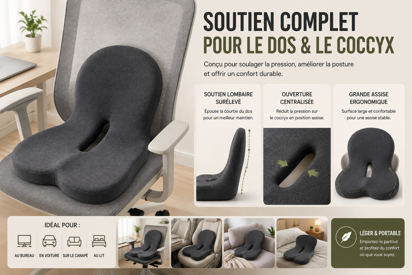 Support Ergonomique Assise & Dos – Confort Multi-Positions