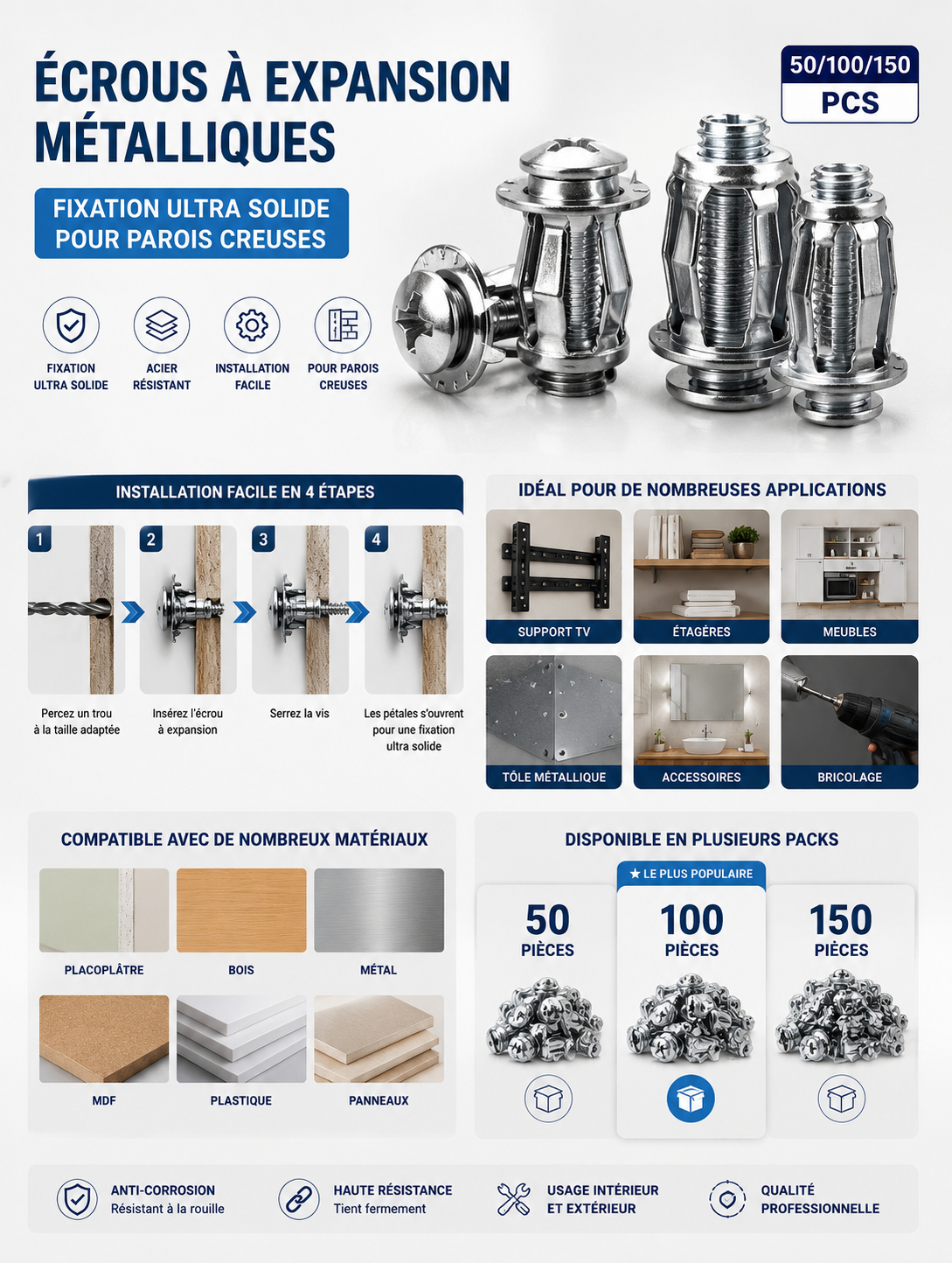 Chevilles à Expansion Pétale Universelles – Fixation Murale Robuste pour Rideaux, Étagères & Cloisons (Lot de Plusieurs Pièces)
