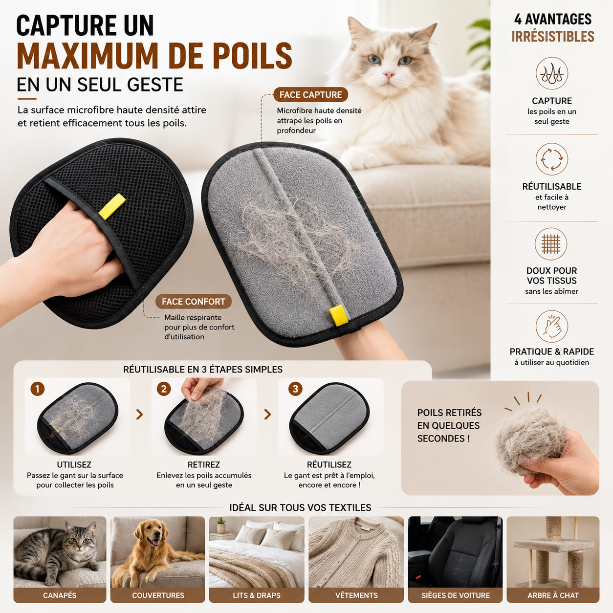 Gant Attrape-Poils Réutilisable – Chiens & Chats
