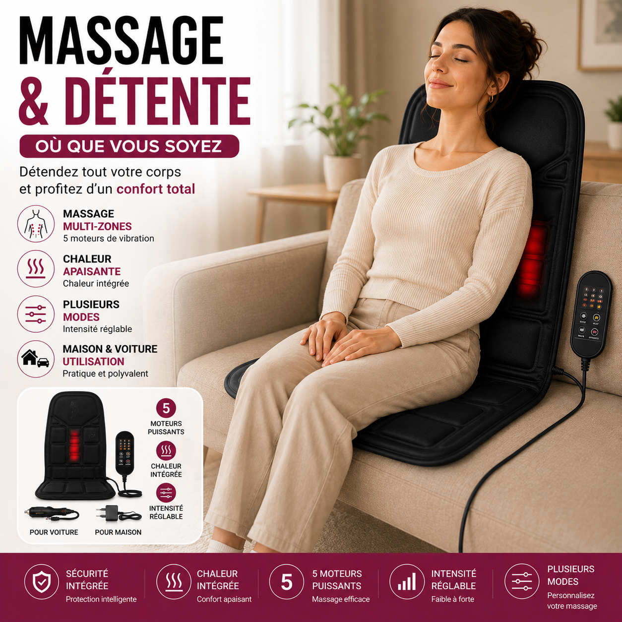 Coussin de Massage Chauffant Multi-Zones – Maison & Voiture