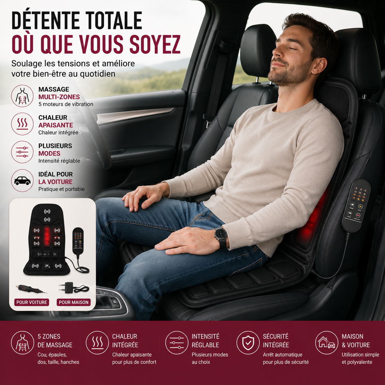 Coussin de Massage Chauffant Multi-Zones – Maison & Voiture