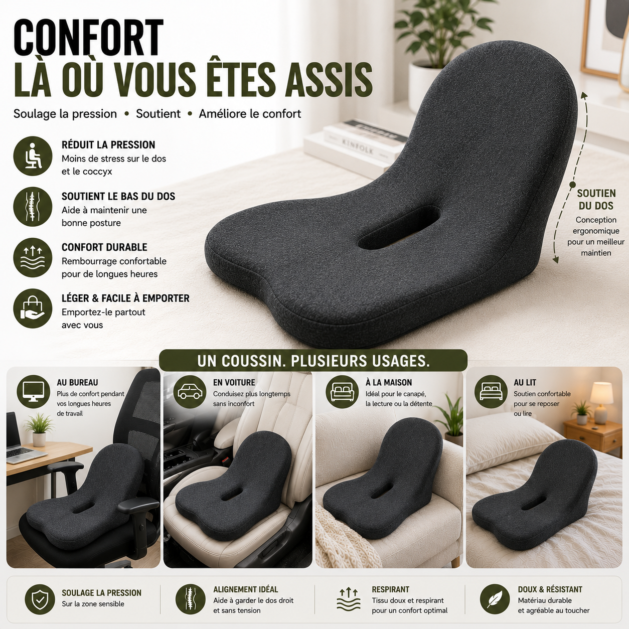 Support Ergonomique Assise & Dos – Confort Multi-Positions