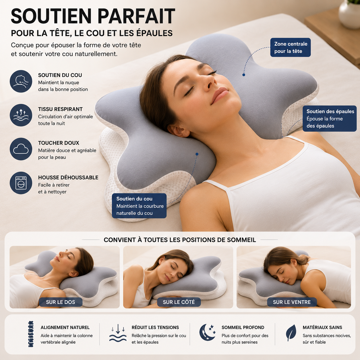 Oreiller Papillon Ergonomique Pour Soutien Tête & Nuque