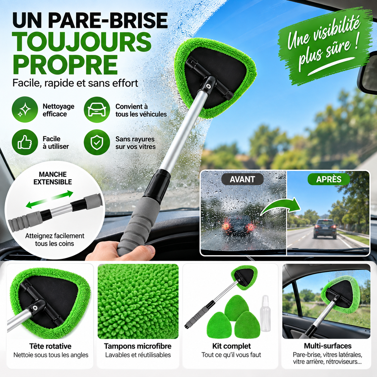 Nettoyeur de Vitres Auto avec Manche Télescopique