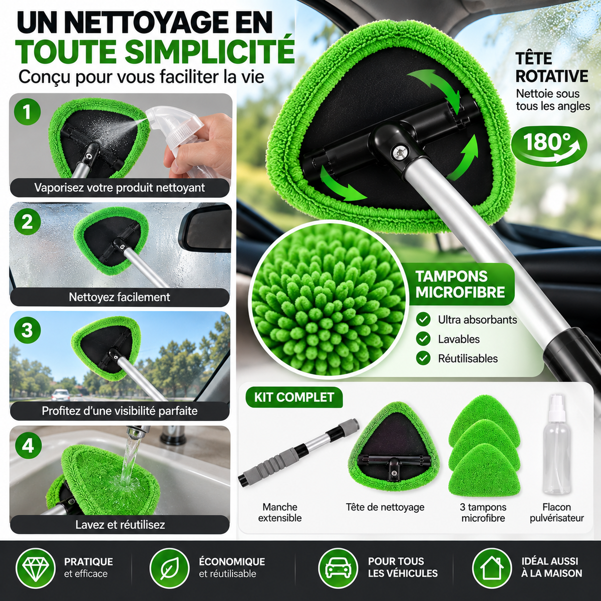 Nettoyeur de Vitres Auto avec Manche Télescopique