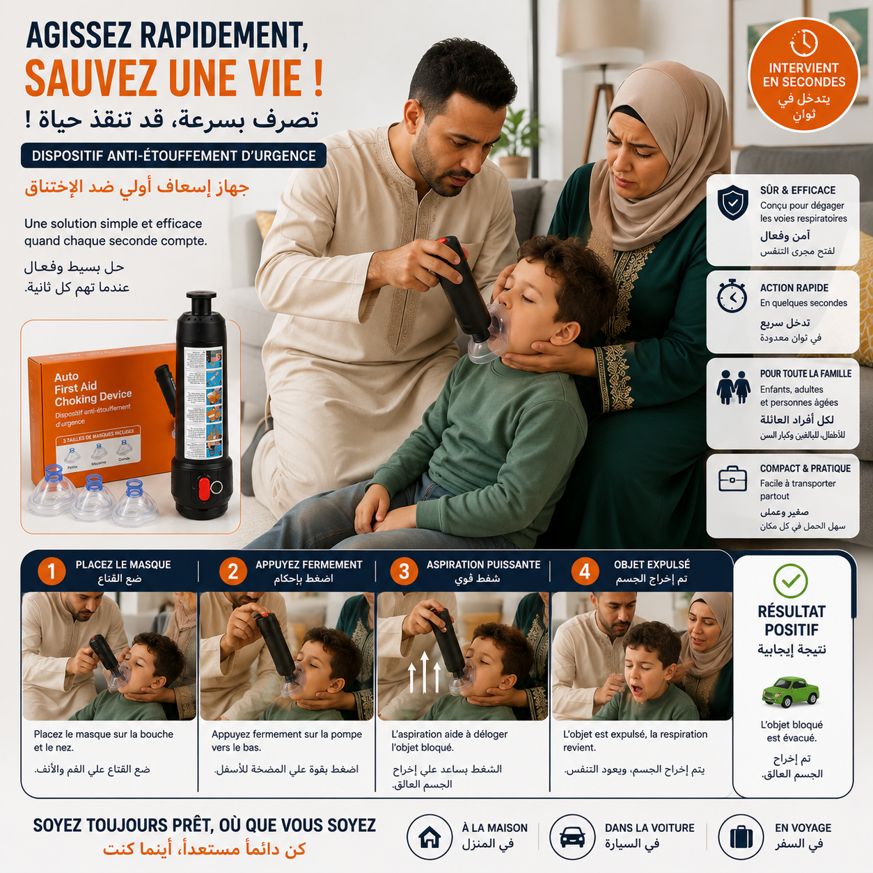 Dispositif Anti Étouffement d Urgence | 3 Masques Enfant & Adulte | Premiers Secours