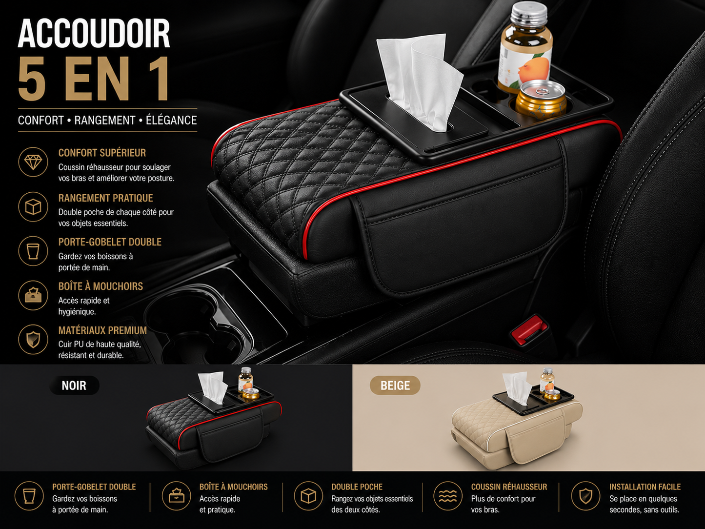 Accoudoir de Voiture 5-en-1 Premium – Confort, Rangement & Porte-Gobelet Intégré