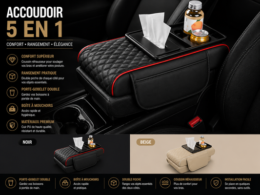 Accoudoir de Voiture 5-en-1 Premium – Confort, Rangement & Porte-Gobelet Intégré