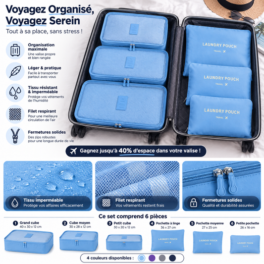 Pack Voyage 2026 de 6 Organisateurs de Valise Premium – Packing Cubes de Voyage Imperméables