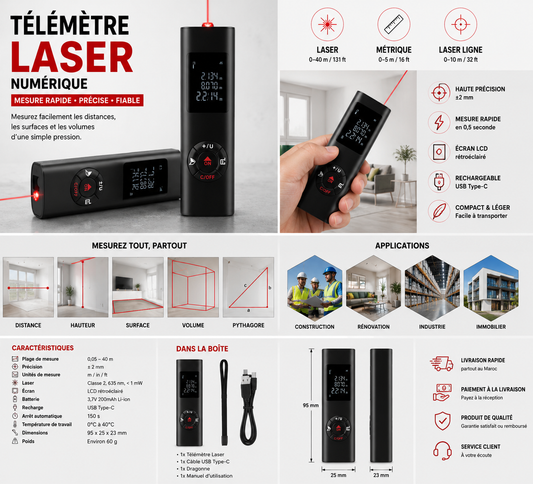 Mètre Laser Intelligent – Mesure Rapide et Ultra Précise 40 mètres