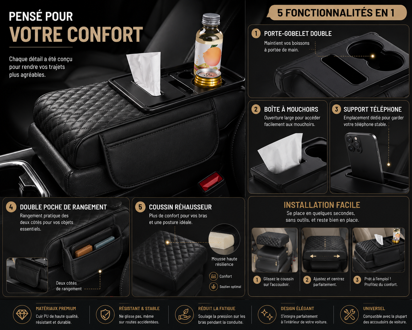 Accoudoir de Voiture 5-en-1 Premium – Confort, Rangement & Porte-Gobelet Intégré