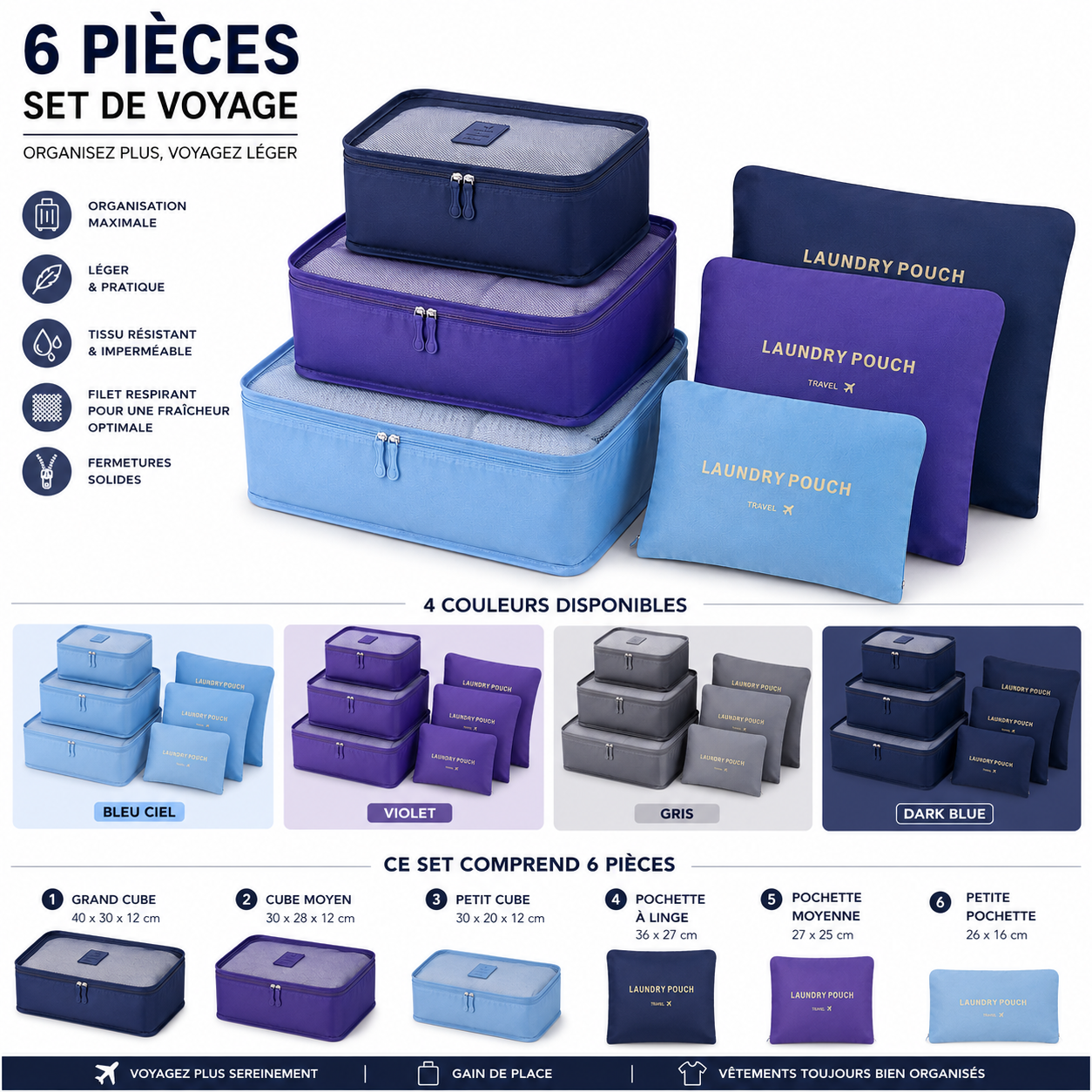 Pack Voyage 2026 de 6 Organisateurs de Valise Premium – Packing Cubes de Voyage Imperméables