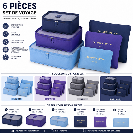 Pack Voyage 2026 de 6 Organisateurs de Valise Premium – Packing Cubes de Voyage Imperméables