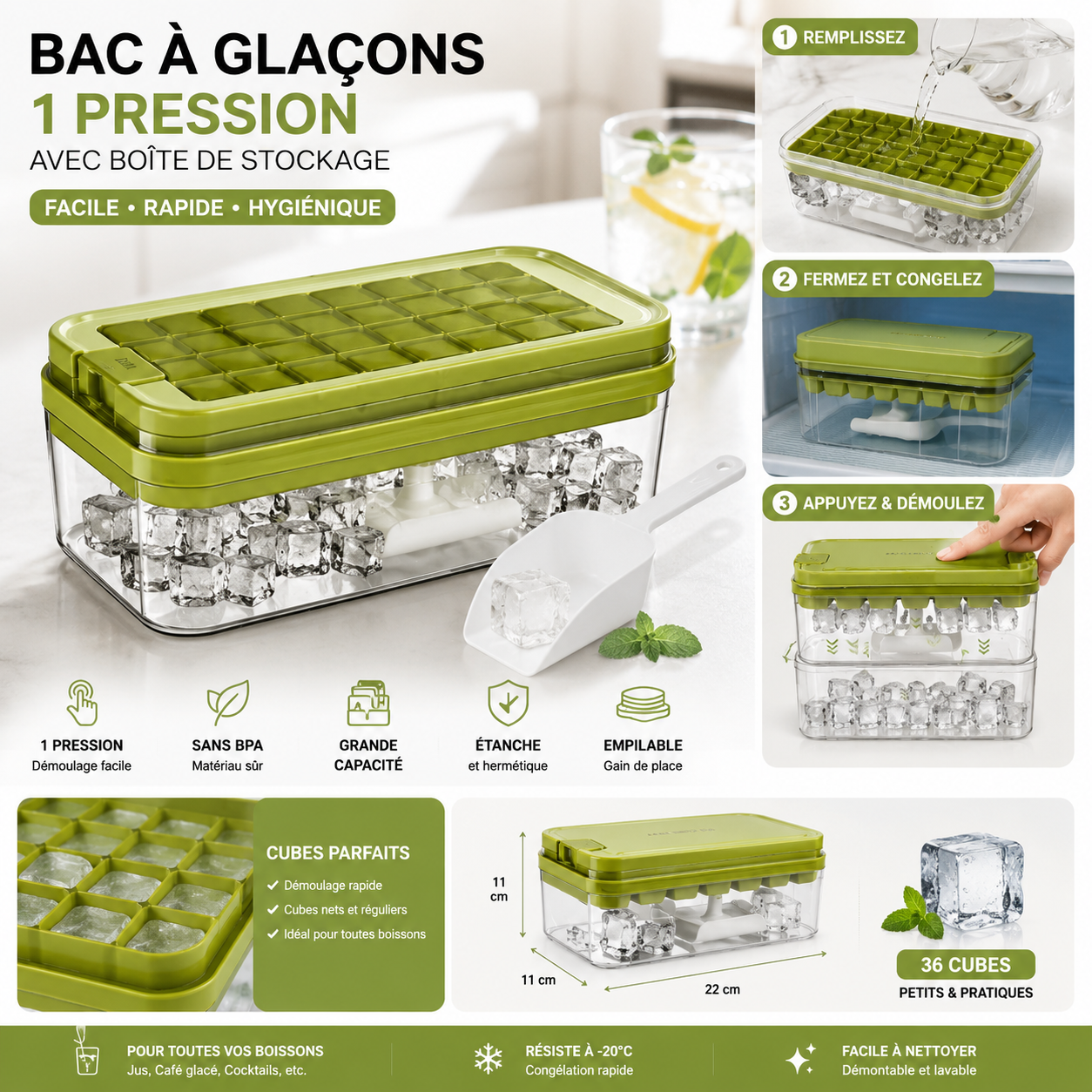 Bac à Glaçons Premium avec Boîte de Stockage – Démoulage en 1 Pression