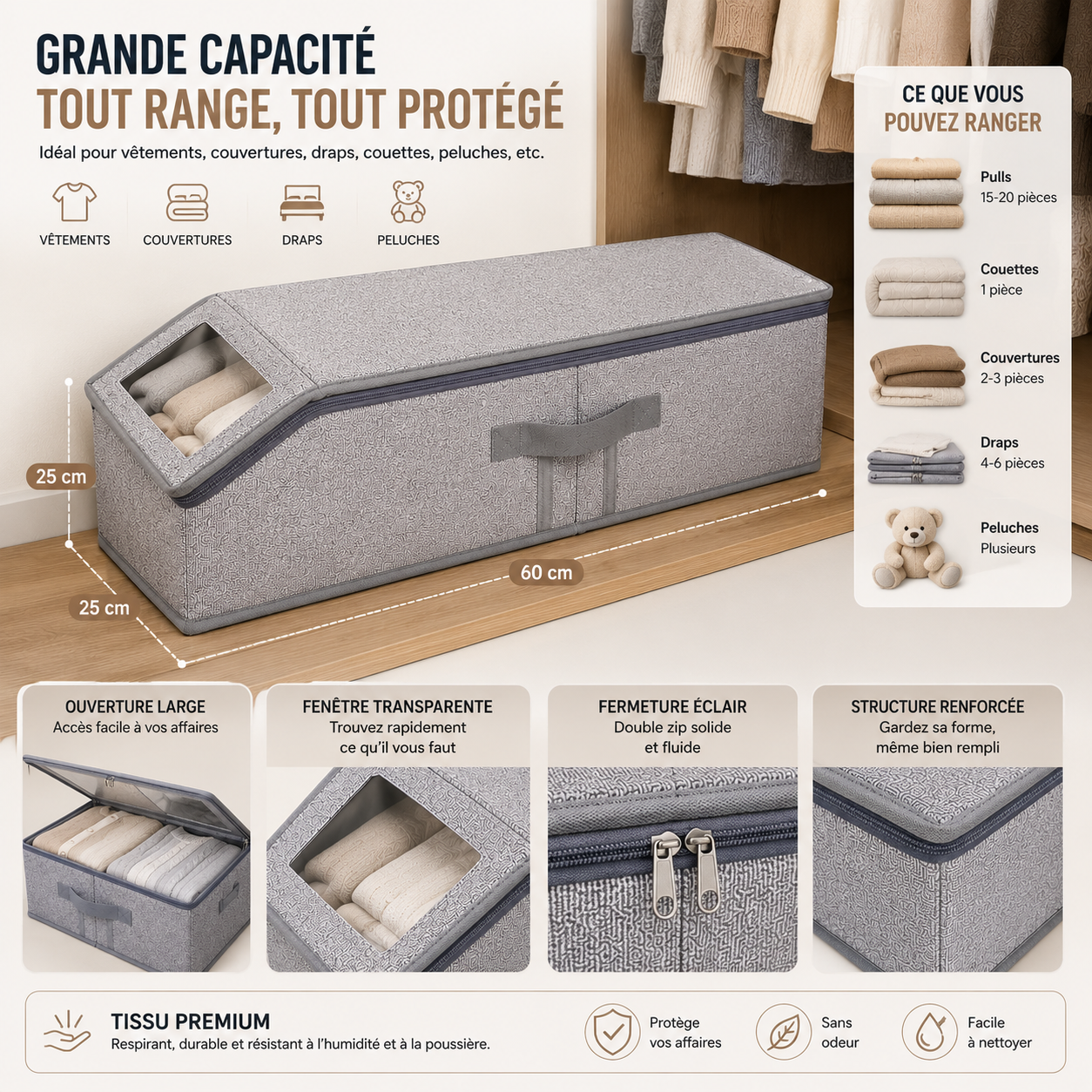 Boîte de Rangement Pliable Grande Capacité avec Fenêtre Transparente